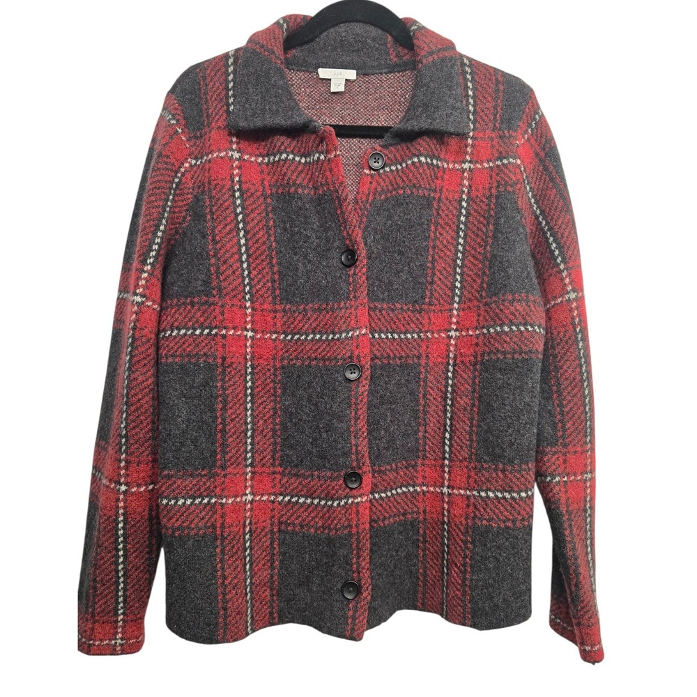 J Jill Red Black Plaid Wool Blend cardigan S jacket Cozy Cottagecore Preppy Fall